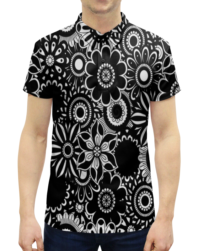 Рубашка Поло с полной запечаткой Printio Черно-белые цветы