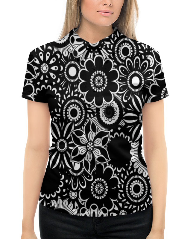Рубашка Поло с полной запечаткой Printio Черно-белые цветы