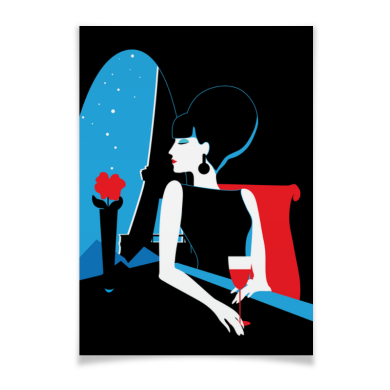 Плакат A3(29.7x42) Printio Красивая француженка с бокалом вина и цветком