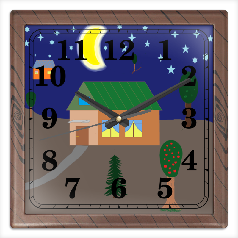 Часы квадратные из пластика (под дерево) Printio Рисунок вечер в деревне